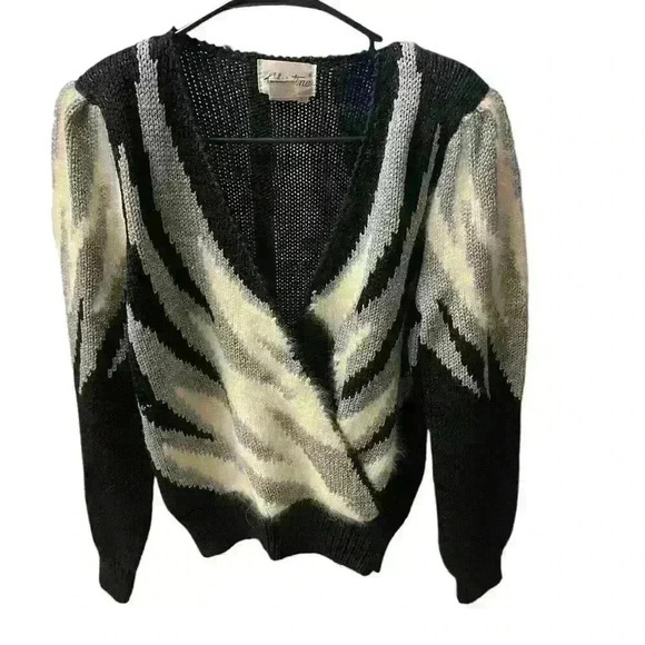Christine Tops - Vintage 80s Christine Blend With Mohair Black White Gray Soft Metallic Knit SZ L
